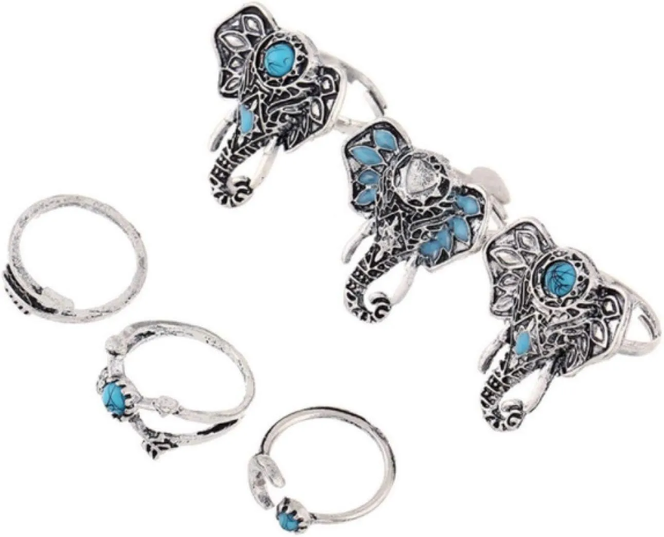 Womens Boho Rings, Vintage Designs, Elephant Styles, 6 Pieces, Turquoise & Silver