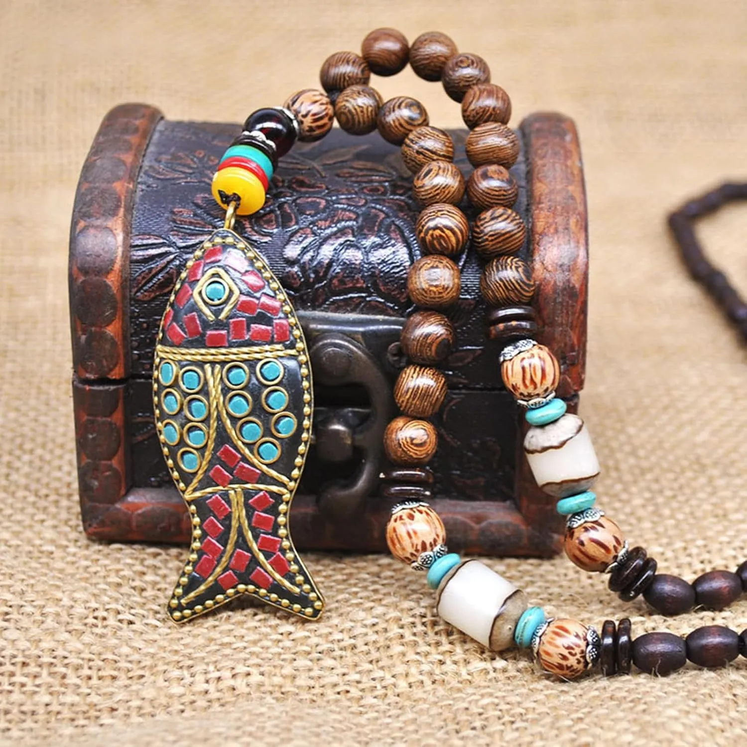 Wood Bead Necklace Africa Wooden Chain Statement Unisex Chunky Necklaces