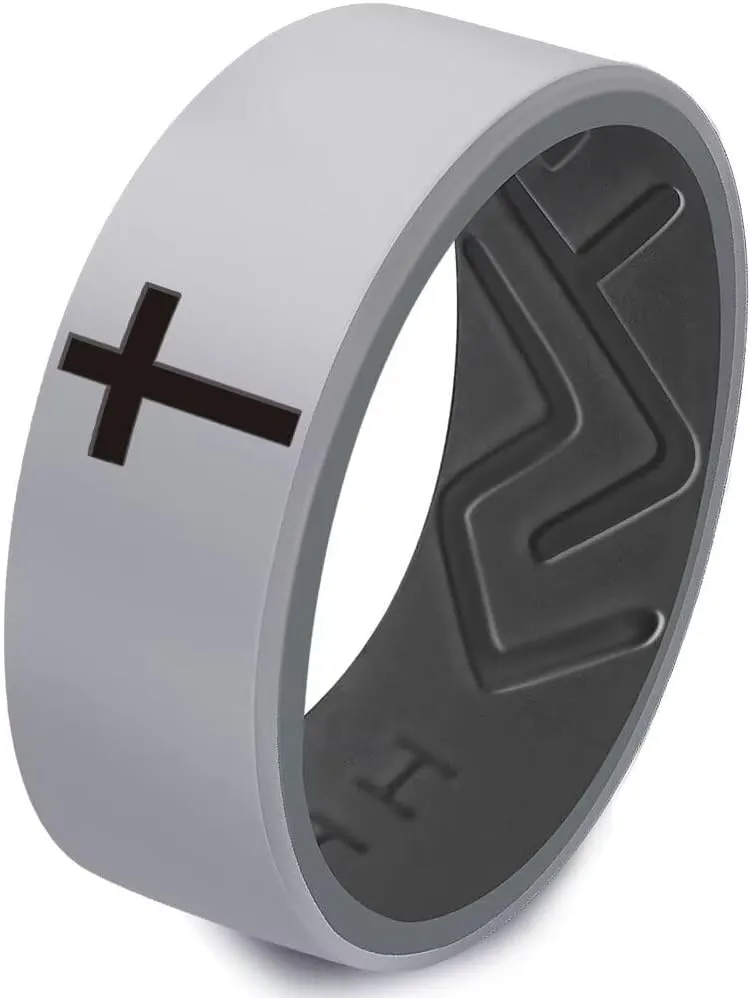 XAHH 2PCS Silicone Ring Set for Men Women,Classical Simple Christian Cross Religious Couple Rubber Wedding Bands,Black Grey,Pink Purple