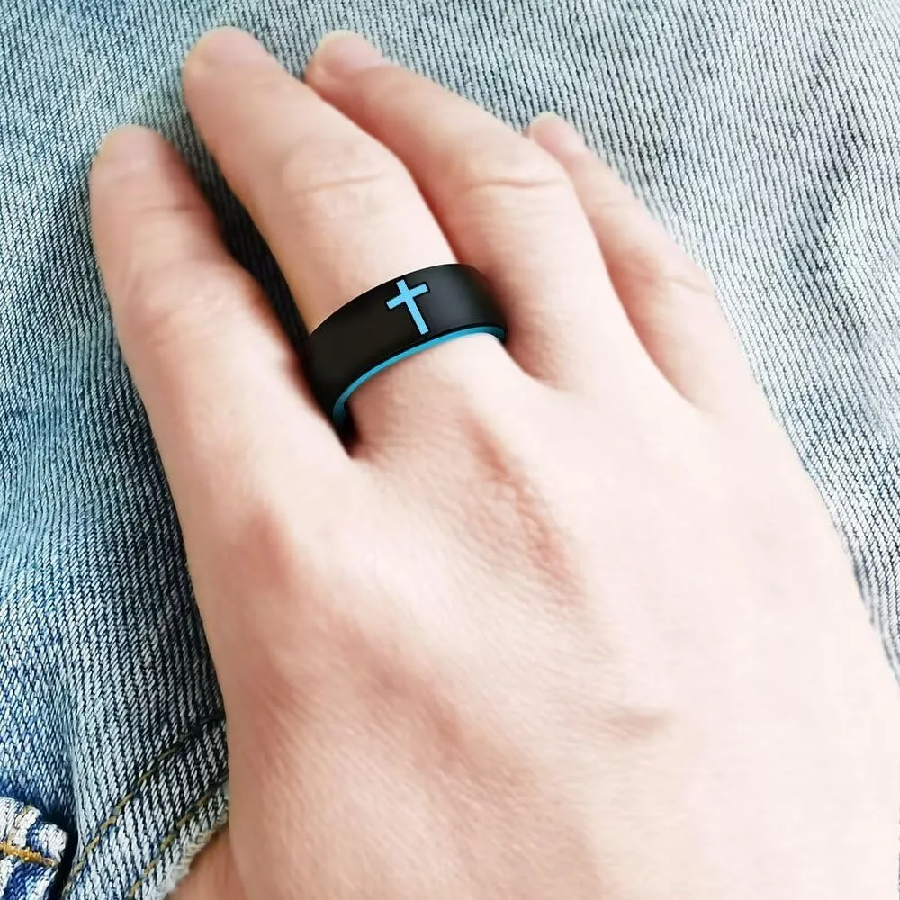 XAHH 2PCS Silicone Ring Set for Men Women,Classical Simple Christian Cross Religious Couple Rubber Wedding Bands,Black Grey,Pink Purple