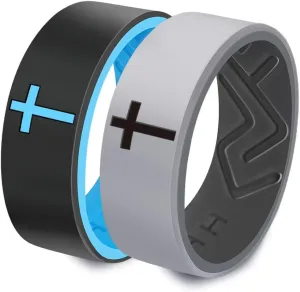 XAHH 2PCS Silicone Ring Set for Men Women,Classical Simple Christian Cross Religious Couple Rubber Wedding Bands,Black Grey,Pink Purple