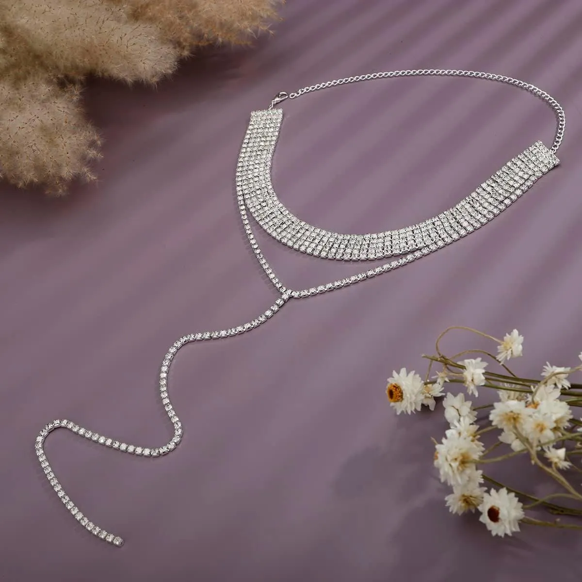 Xerling Rhinestones Necklaces Sparkling Crystal Choker Multi Row Rhinestones Tassels Layers Long Pendant Bridal Y Necklaces Chains for Women Girls Party Wedding (Type C Silver)