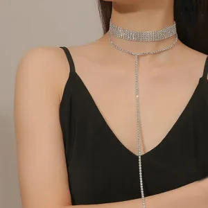 Xerling Rhinestones Necklaces Sparkling Crystal Choker Multi Row Rhinestones Tassels Layers Long Pendant Bridal Y Necklaces Chains for Women Girls Party Wedding (Type C Silver)
