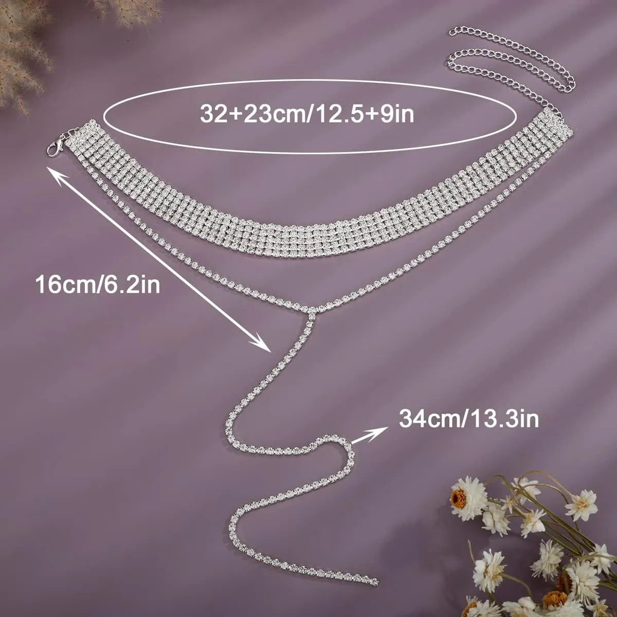 Xerling Rhinestones Necklaces Sparkling Crystal Choker Multi Row Rhinestones Tassels Layers Long Pendant Bridal Y Necklaces Chains for Women Girls Party Wedding (Type C Silver)