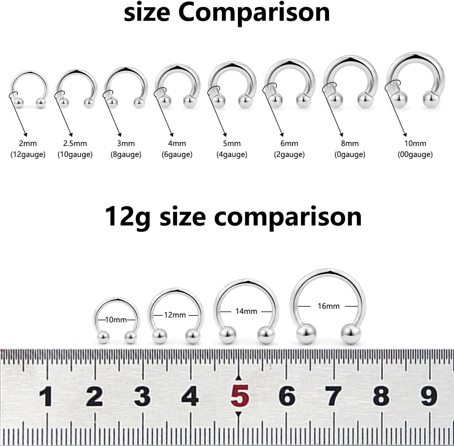 Yaalozei 12G 10G 8G 6G 4G 2G 0G 00G Large Septum Rings 316L Surgical Steel Internally Threaded Barbell Horseshoe Wide Septum Nose Gauges Earring Pa Ring Piercing Jewelry 12mm-19mm
