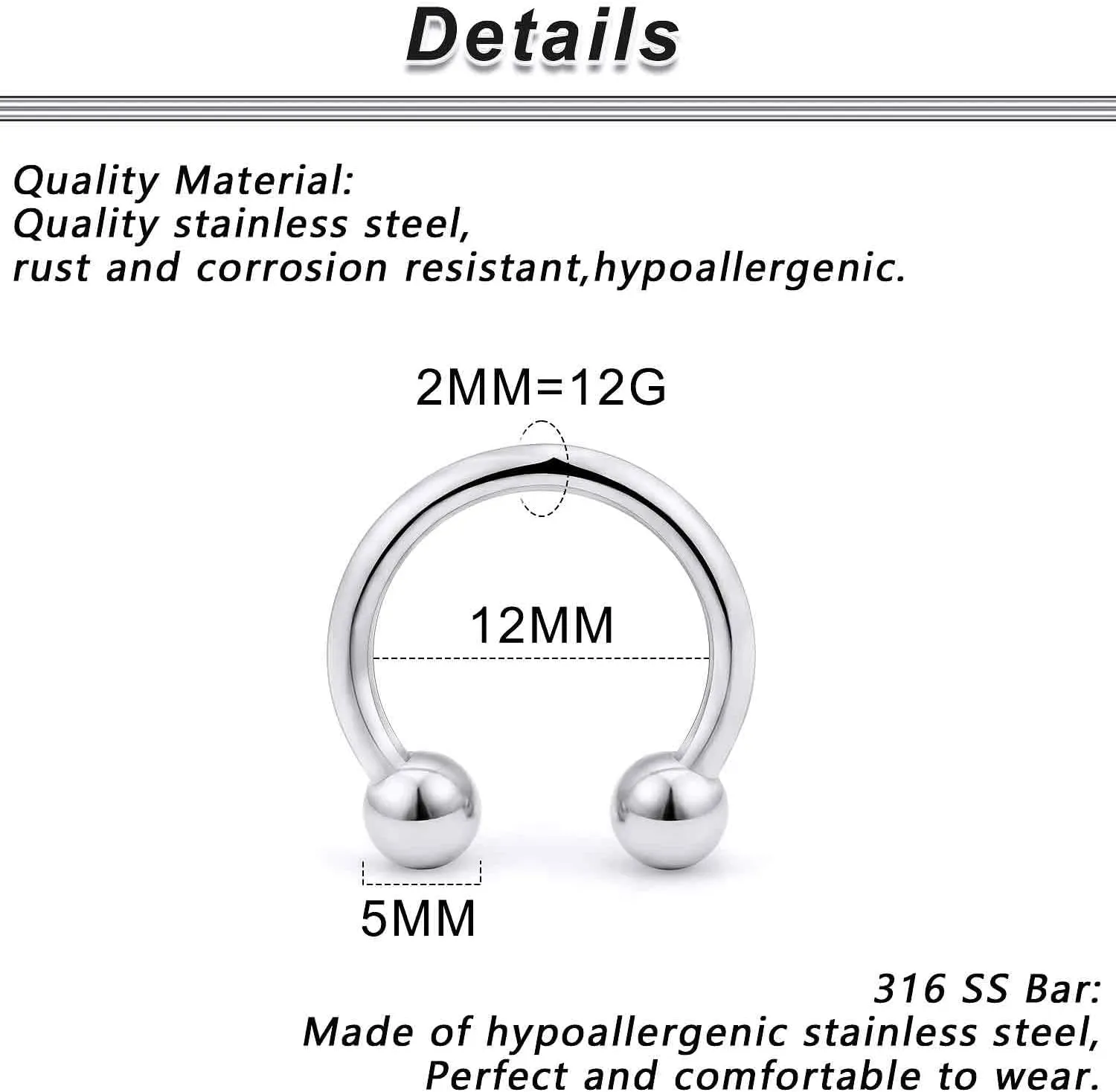 Yaalozei 12G 10G 8G 6G 4G 2G 0G 00G Large Septum Rings 316L Surgical Steel Internally Threaded Barbell Horseshoe Wide Septum Nose Gauges Earring Pa Ring Piercing Jewelry 12mm-19mm