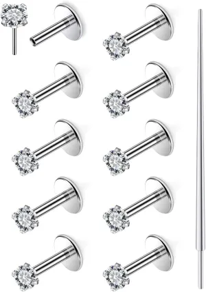 Yaalozei 20G 18G Push in Flat Back Nose Rings Studs Hypoallergenic Surgical Steel Threadless Nose Studs Silver Tragus Helix Cartilage Earring Piercing Jewerly for Women Men 6mm Bars CZ 2mm