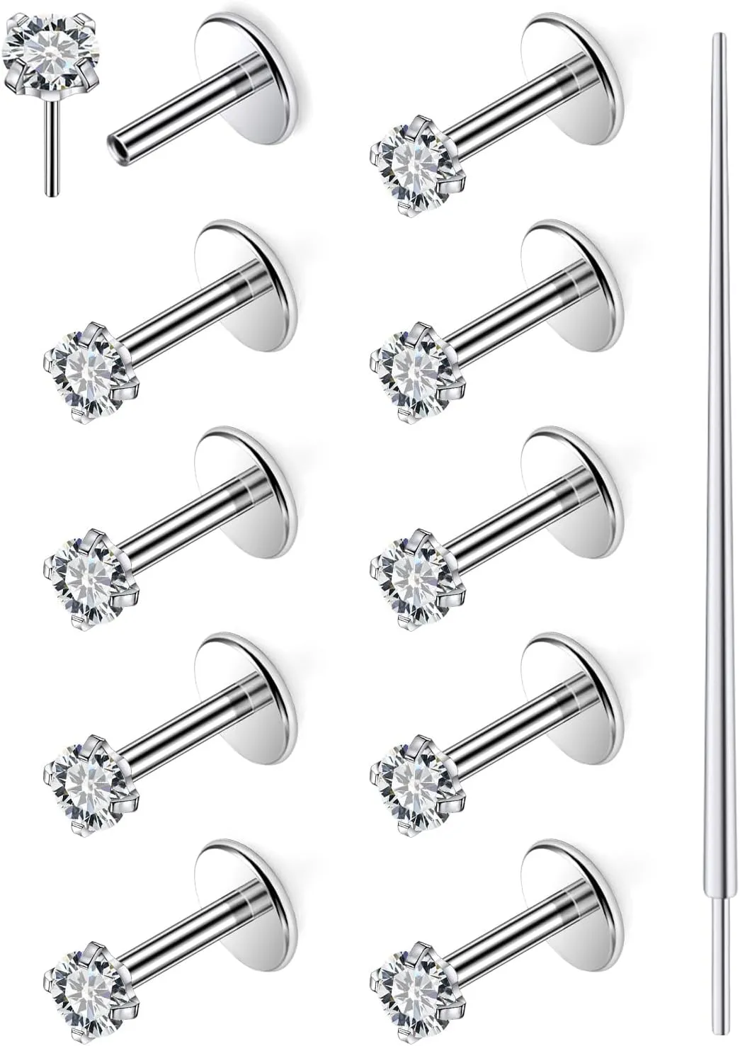 Yaalozei 20G 18G Push in Flat Back Nose Rings Studs Hypoallergenic Surgical Steel Threadless Nose Studs Silver Tragus Helix Cartilage Earring Piercing Jewerly for Women Men 6mm Bars CZ 2mm