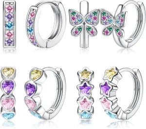 YADOCA 4 Pairs Hypoallergenic Hoop Earrings For Girls Women Small Huggie Earrings Double Love Heart Hoop Earrings Tiny Cute CZ Butterfly Star Cartilage Earrings Hoop Jewelry For Sensitive Ear