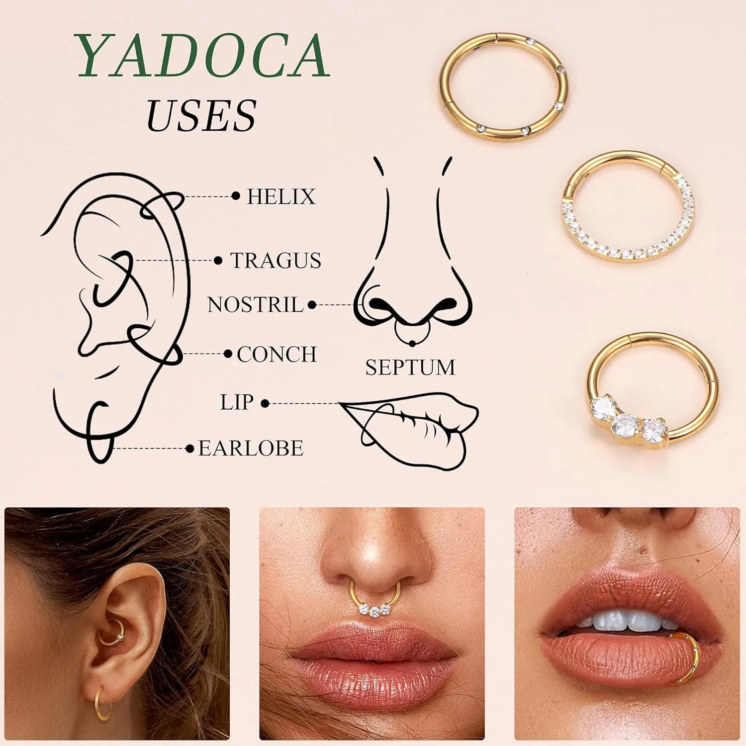 YADOCA Septum Nose Rings for Women Men - Gold Septum Rings 16G 18G Nose Ring Hoops Hypoallergic Surgical Steel Cartilage Earrings Helix Lip Conch Tragus Daith Piercing Jewelry Tone 8mm 10mm