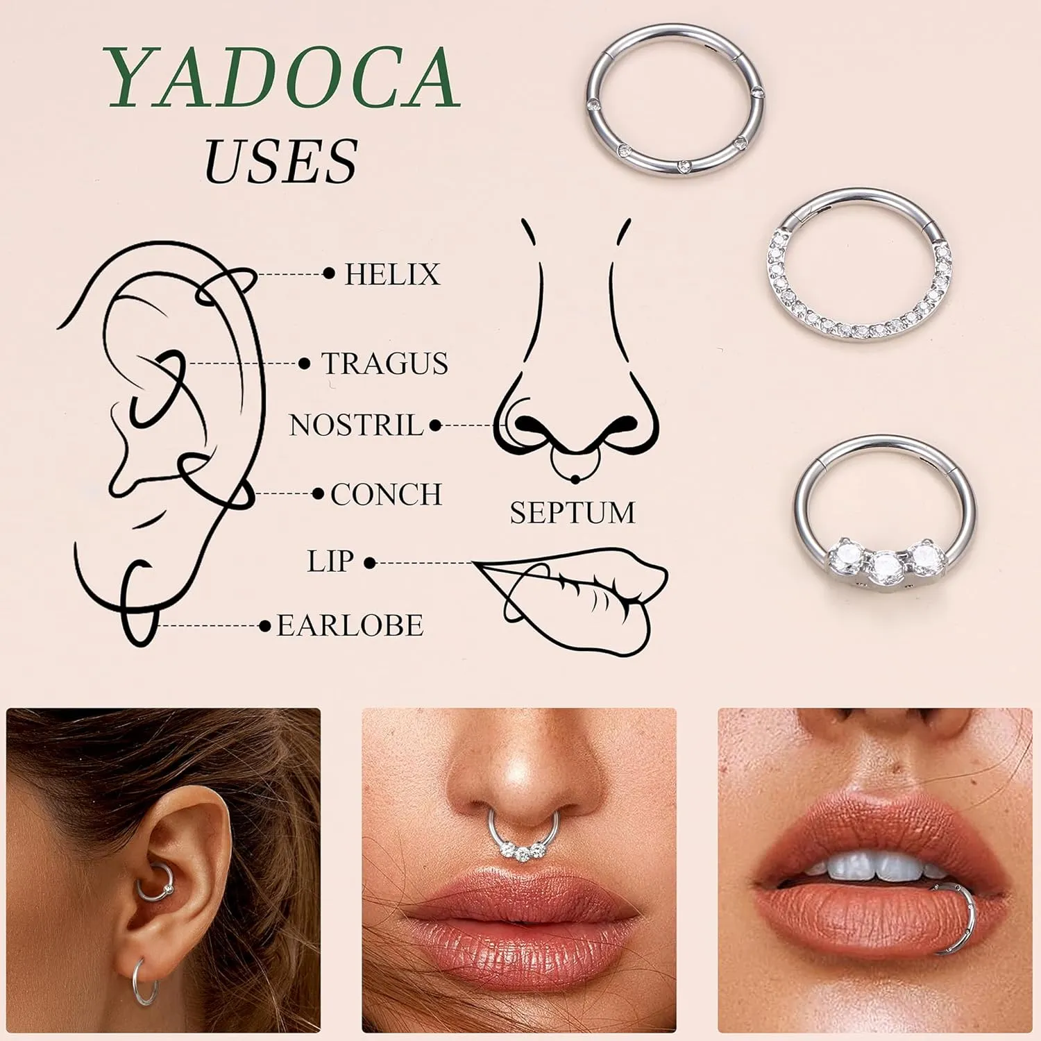 YADOCA Septum Nose Rings for Women Men - Gold Septum Rings 16G 18G Nose Ring Hoops Hypoallergic Surgical Steel Cartilage Earrings Helix Lip Conch Tragus Daith Piercing Jewelry Tone 8mm 10mm