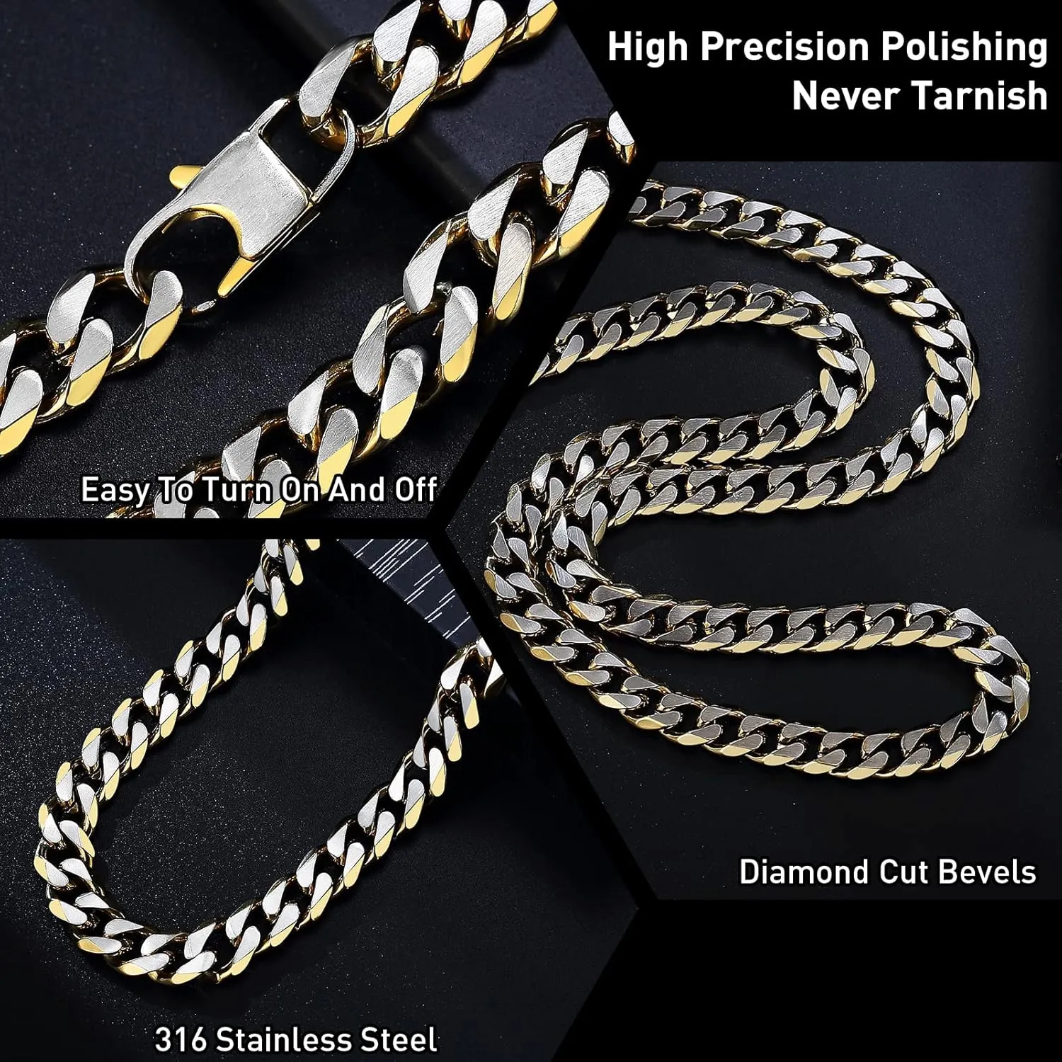YAMI Mens 8/10/12MM Width Cuban Link Chain, Stainless Steel Thick Cuban Link Curb Chain Necklace for Men/Women, 18/20/22/24/26Inch Two Tone Chain Necklace Jewelry Gifts