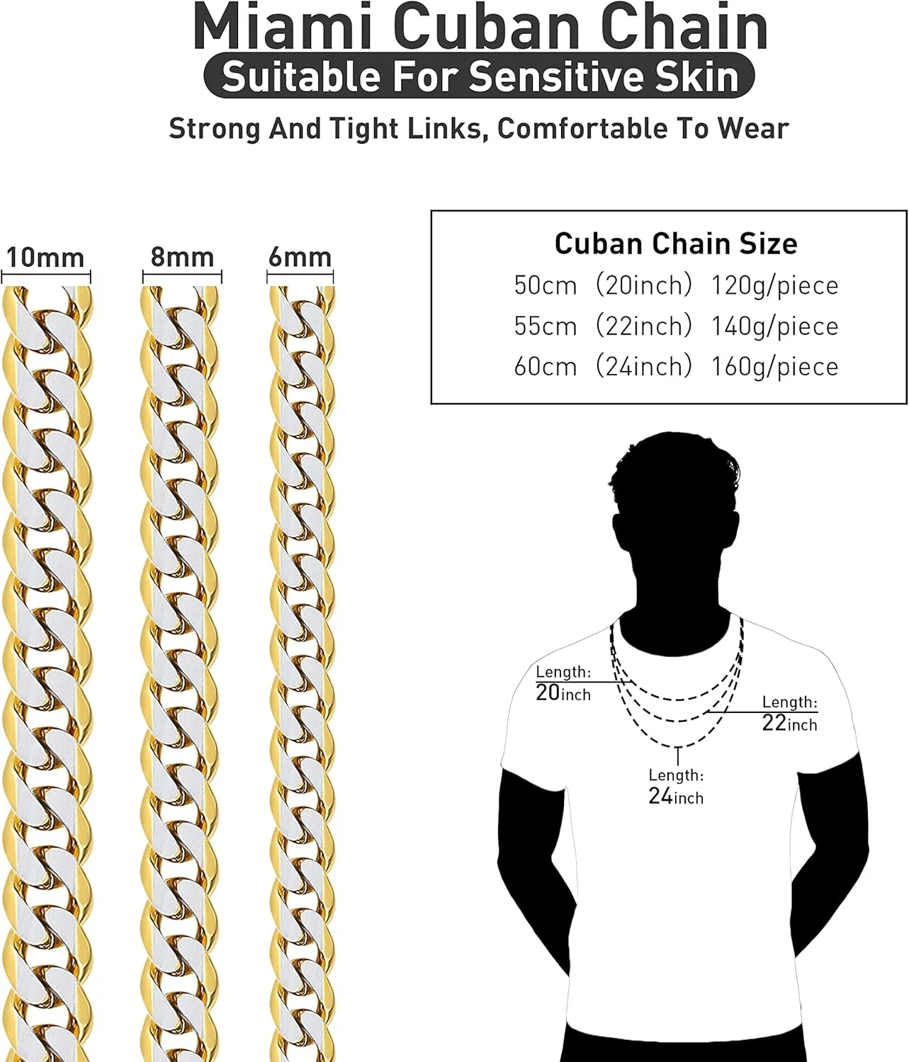 YAMI Mens 8/10/12MM Width Cuban Link Chain, Stainless Steel Thick Cuban Link Curb Chain Necklace for Men/Women, 18/20/22/24/26Inch Two Tone Chain Necklace Jewelry Gifts