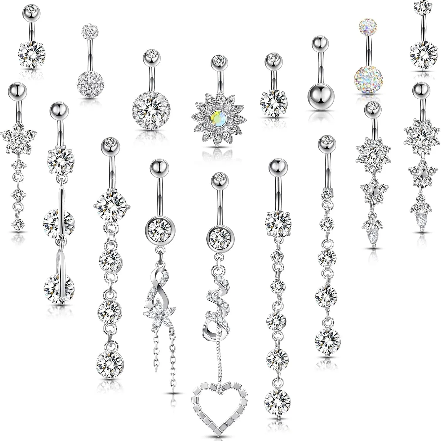 Yaomiao 18 Pcs 14G Stainless Steel Belly Button Ring Rhinestone Heart Dangle Belly Button Rings for Women
