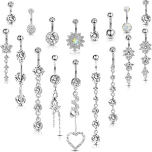 Yaomiao 18 Pcs 14G Stainless Steel Belly Button Ring Rhinestone Heart Dangle Belly Button Rings for Women