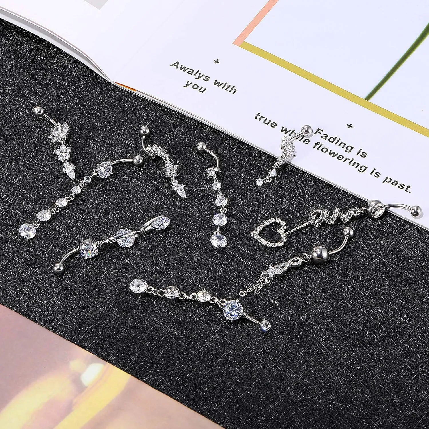 Yaomiao 18 Pcs 14G Stainless Steel Belly Button Ring Rhinestone Heart Dangle Belly Button Rings for Women