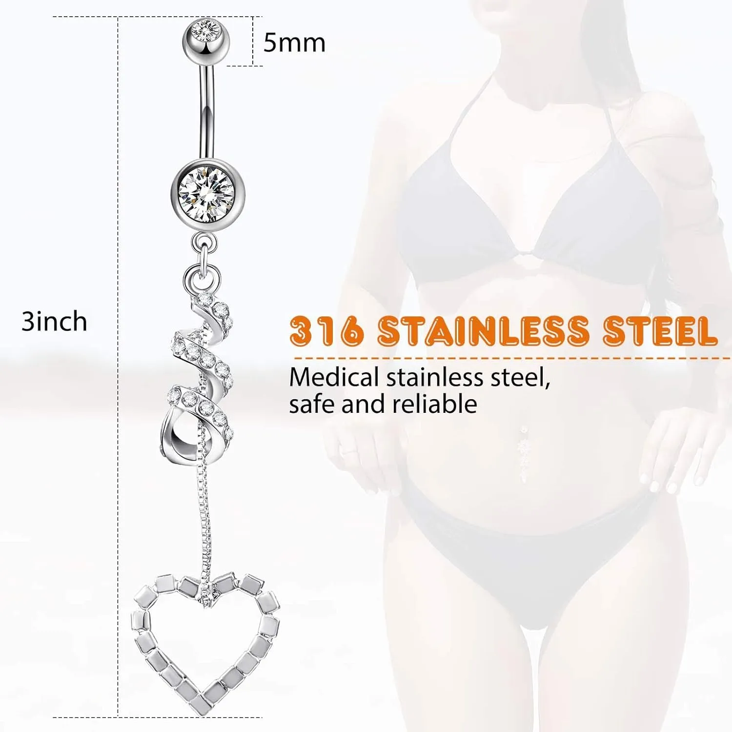 Yaomiao 18 Pcs 14G Stainless Steel Belly Button Ring Rhinestone Heart Dangle Belly Button Rings for Women