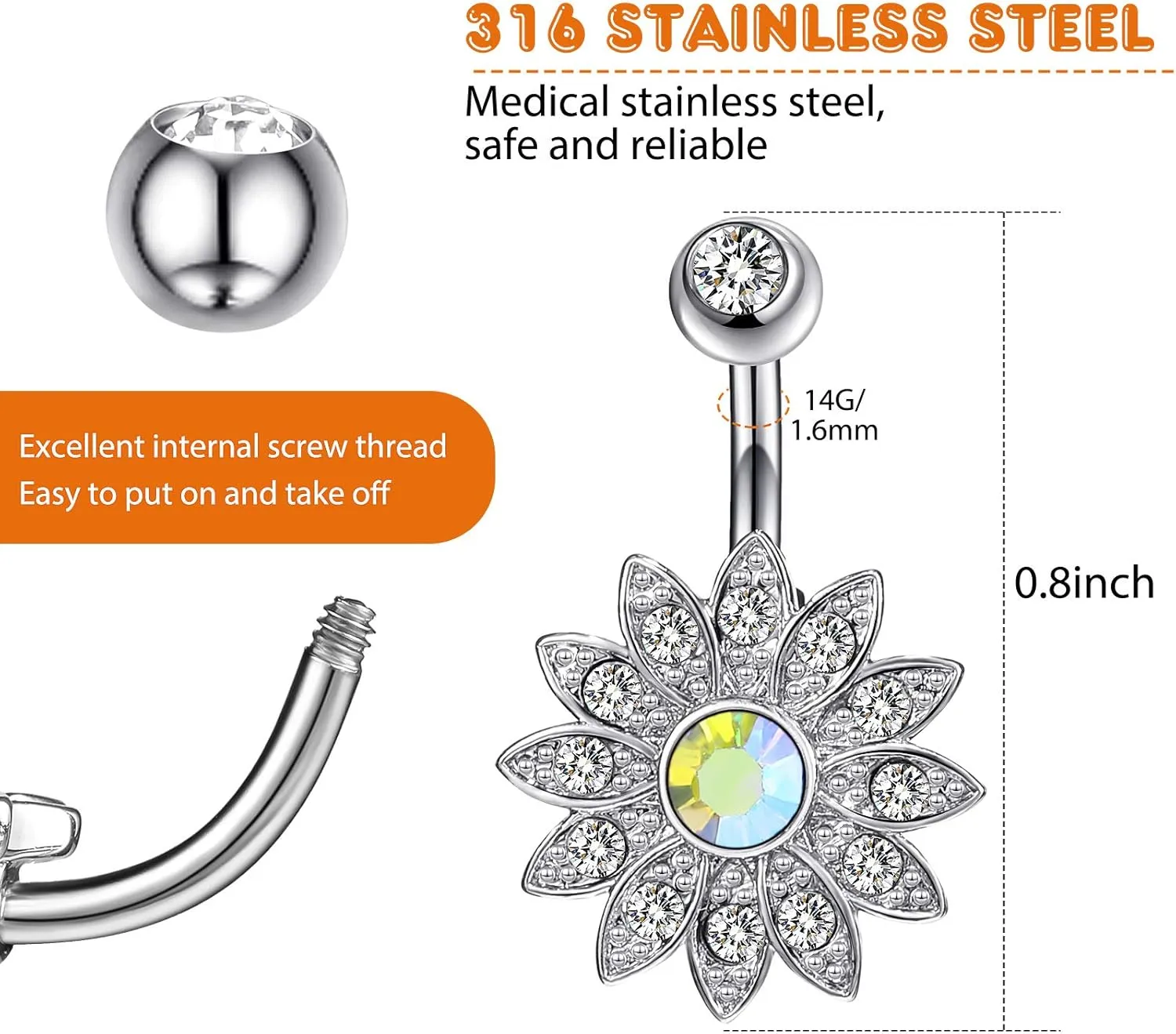 Yaomiao 18 Pcs 14G Stainless Steel Belly Button Ring Rhinestone Heart Dangle Belly Button Rings for Women