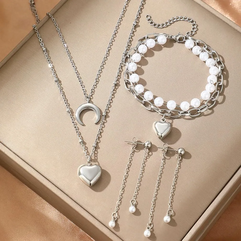 YAZILIND Silver/Gold Jewelry Set for Women,heart pendant necklace Drop Earrings Pearl stackable bracelets For prom bridal jewelry