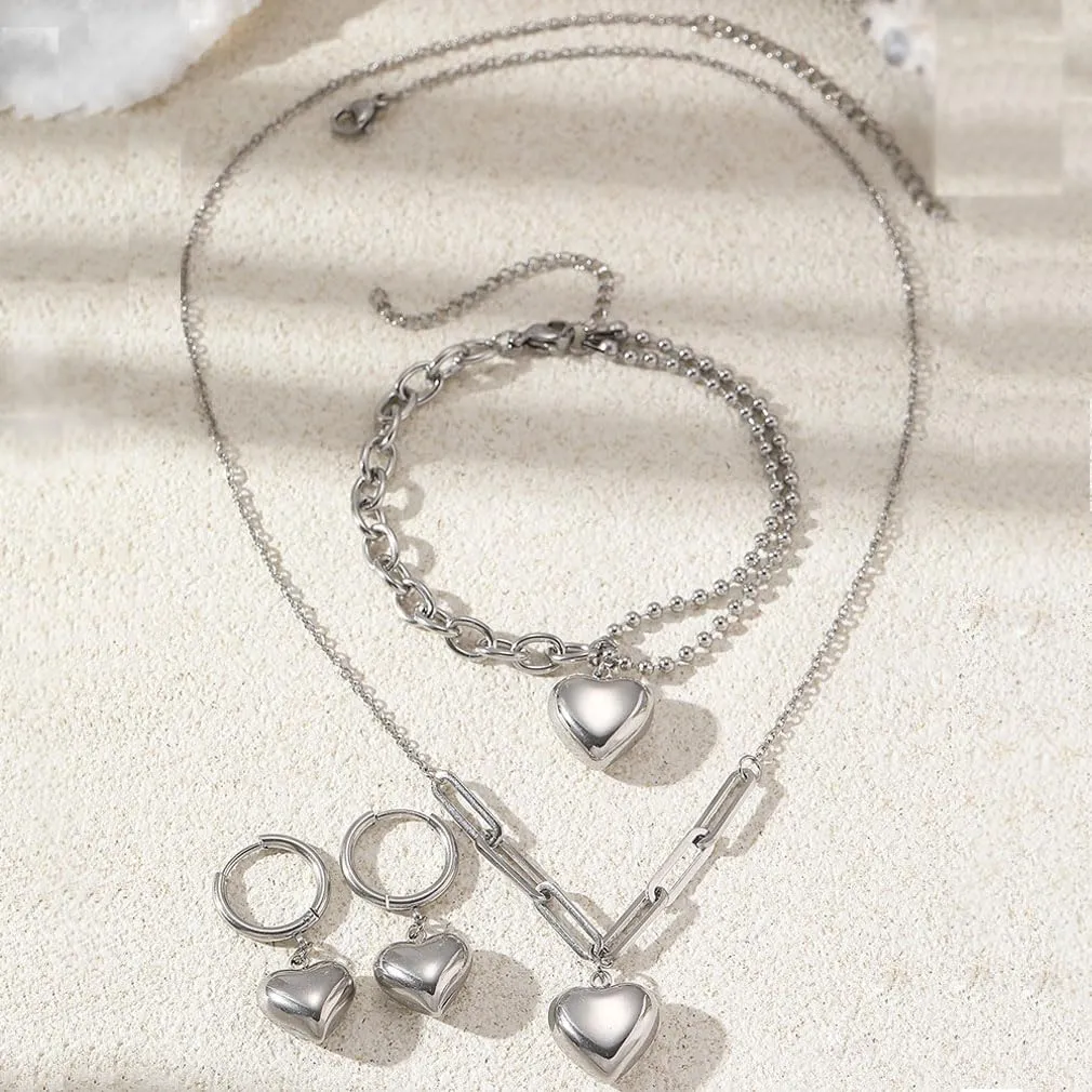 YAZILIND Silver/Gold Jewelry Set for Women,heart pendant necklace Drop Earrings Pearl stackable bracelets For prom bridal jewelry