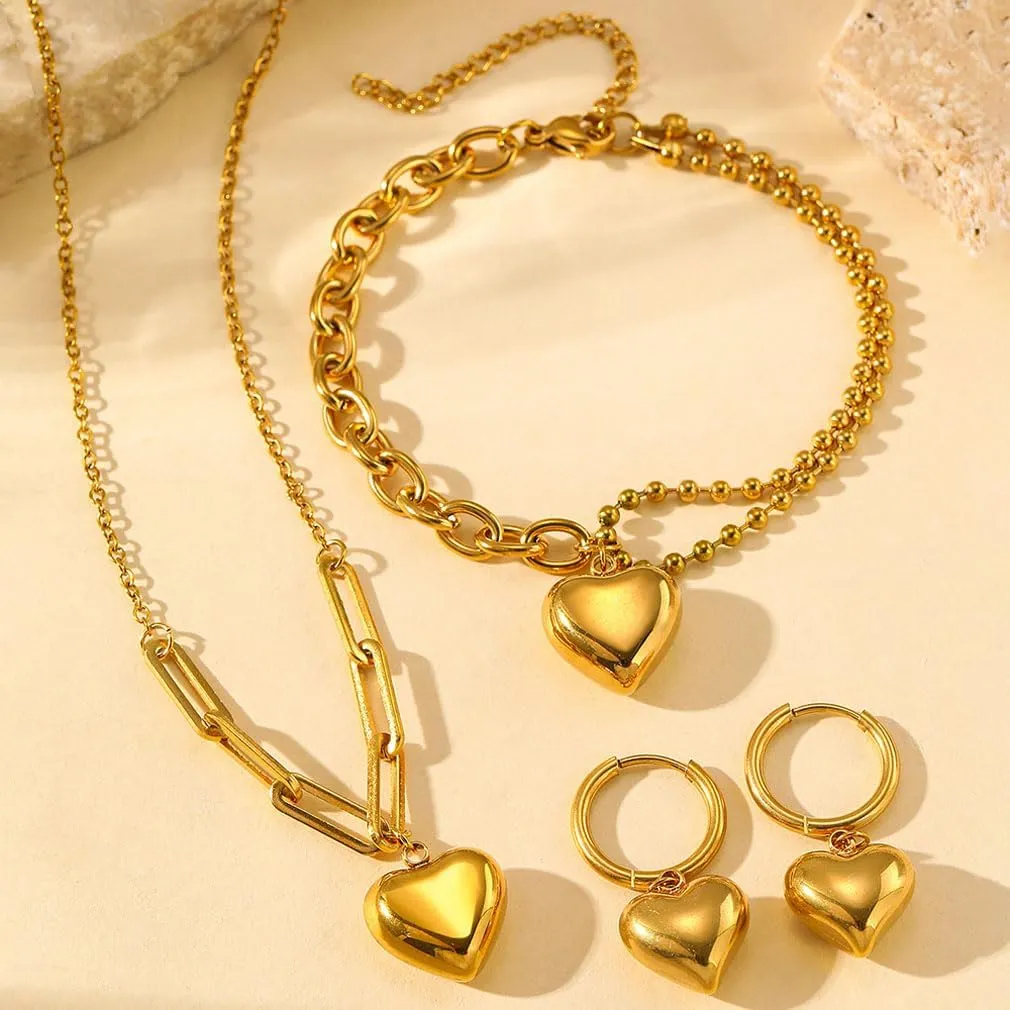 YAZILIND Silver/Gold Jewelry Set for Women,heart pendant necklace Drop Earrings Pearl stackable bracelets For prom bridal jewelry