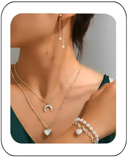 YAZILIND Silver/Gold Jewelry Set for Women,heart pendant necklace Drop Earrings Pearl stackable bracelets For prom bridal jewelry