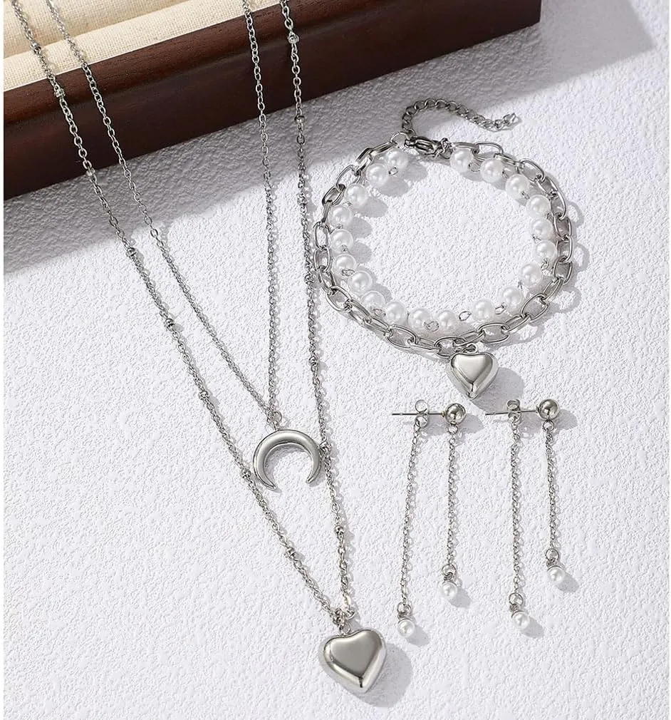 YAZILIND Silver/Gold Jewelry Set for Women,heart pendant necklace Drop Earrings Pearl stackable bracelets For prom bridal jewelry