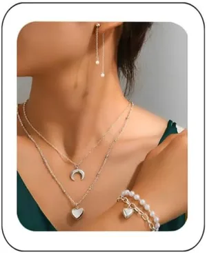 YAZILIND Silver/Gold Jewelry Set for Women,heart pendant necklace Drop Earrings Pearl stackable bracelets For prom bridal jewelry
