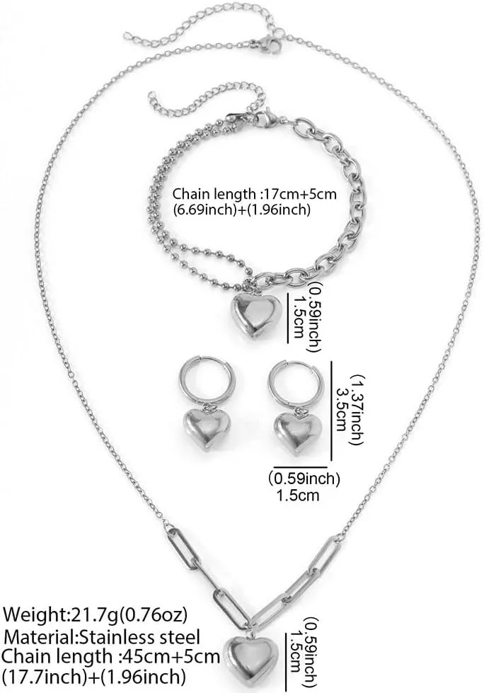 YAZILIND Silver/Gold Jewelry Set for Women,heart pendant necklace Drop Earrings Pearl stackable bracelets For prom bridal jewelry