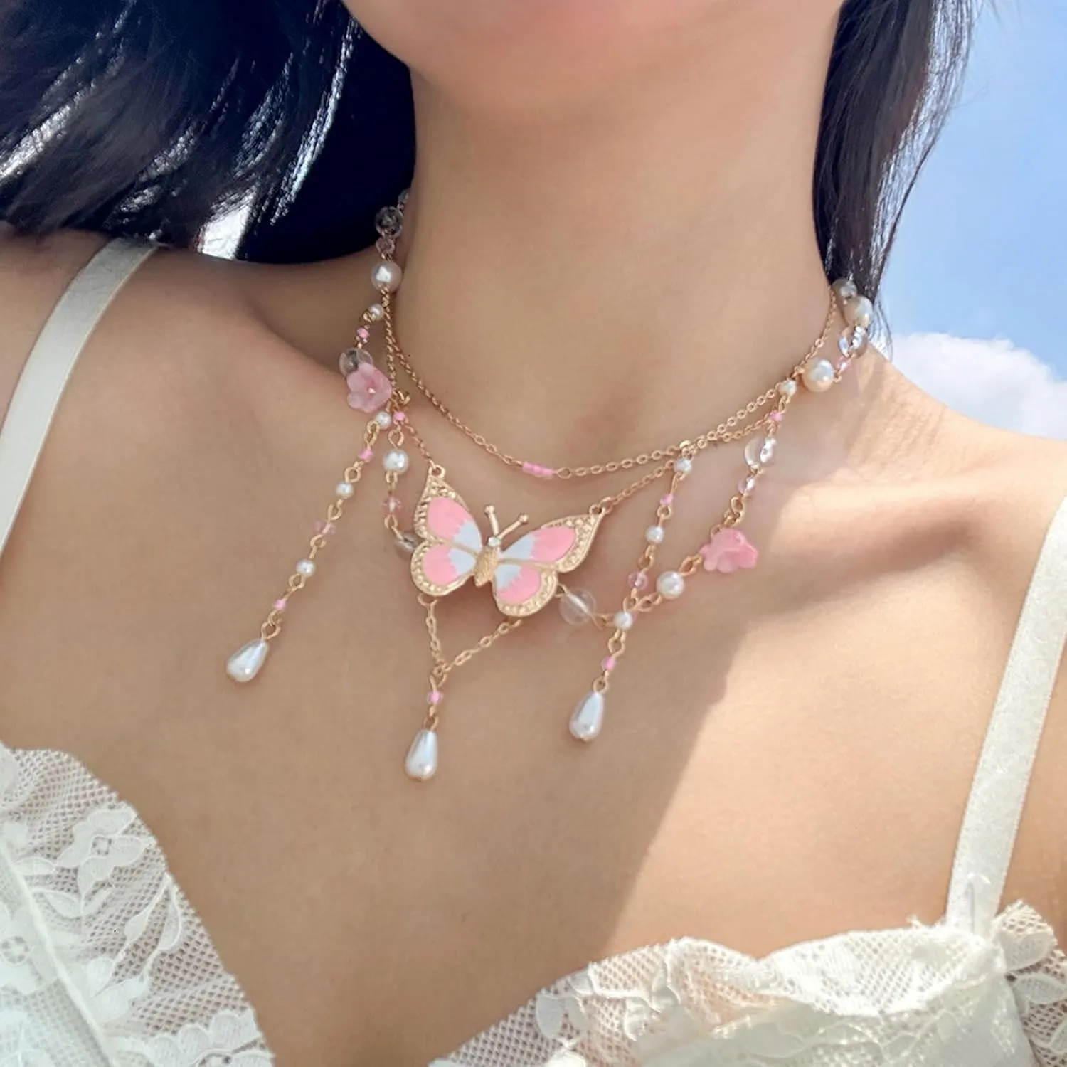 YBMYCM Butterfly Necklaces Multi Layer Pearl Choker Necklace for Women