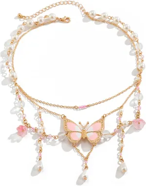 YBMYCM Butterfly Necklaces Multi Layer Pearl Choker Necklace for Women