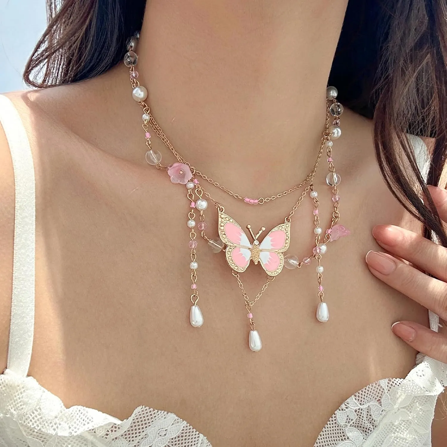 YBMYCM Butterfly Necklaces Multi Layer Pearl Choker Necklace for Women