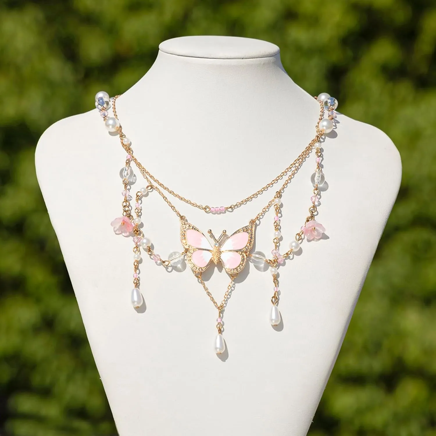 YBMYCM Butterfly Necklaces Multi Layer Pearl Choker Necklace for Women