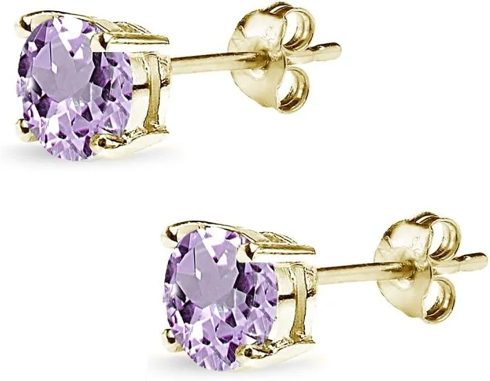 Yellow Gold Flashed Sterling Silver 6mm Round Solitaire Stud Gemstone Birthstone Earrings for Women Bridesmaids