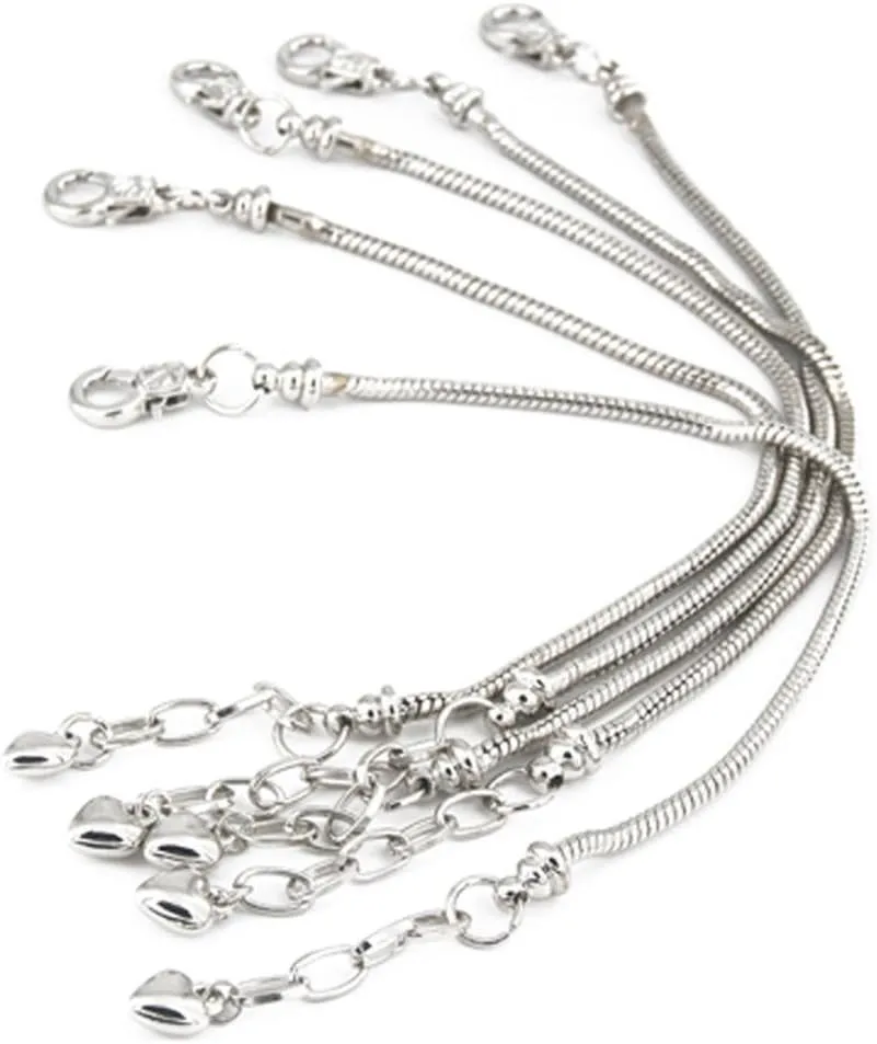 Yeshan 5pcs Silver Plated Snake Chain Charm Bracelet Starter with Classic Bead Lobster Clasp Fits All Chamilia Troll Biagi Beads