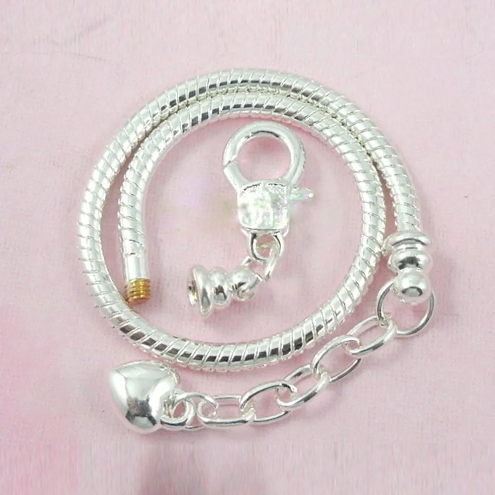Yeshan 5pcs Silver Plated Snake Chain Charm Bracelet Starter with Classic Bead Lobster Clasp Fits All Chamilia Troll Biagi Beads