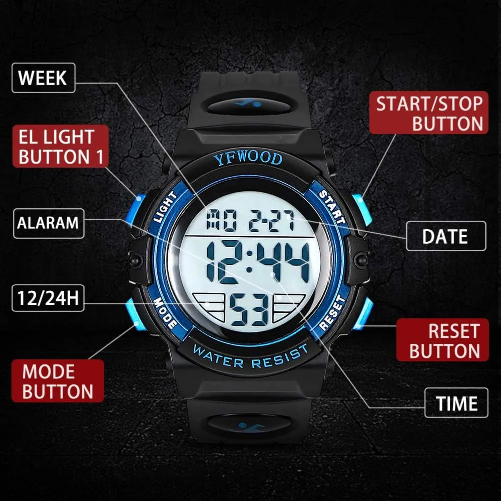 YFWOOD Kids Digital Watch Waterproof Outdoor Watches Children Casual Electronic Analog Quartz Wrist Watches with Silicone Band Luminous Alarm Stopwatch for Boys