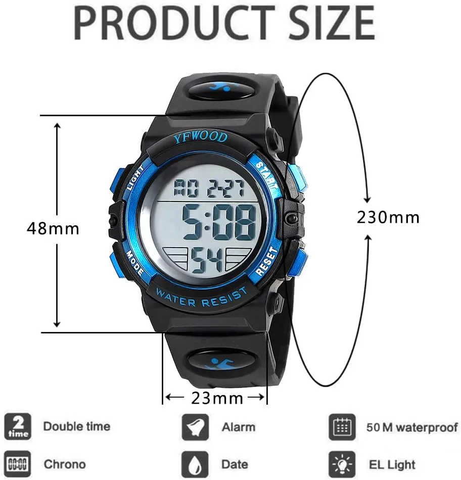 YFWOOD Kids Digital Watch Waterproof Outdoor Watches Children Casual Electronic Analog Quartz Wrist Watches with Silicone Band Luminous Alarm Stopwatch for Boys