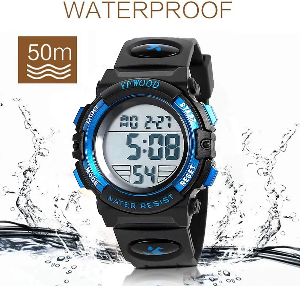 YFWOOD Kids Digital Watch Waterproof Outdoor Watches Children Casual Electronic Analog Quartz Wrist Watches with Silicone Band Luminous Alarm Stopwatch for Boys