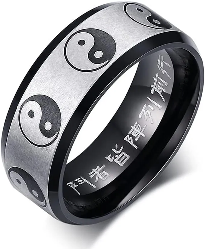Yin Yang Tai Chi Chunky Thick Stainless Steel Band Rings for Women Men Personalized Faith Statement Iternity Lucky Rings Black Enameled Chinese Taoist Nine Syllable Mantra Ring Matted Finshed Dad Boyfriend Christmas New Year Birthday