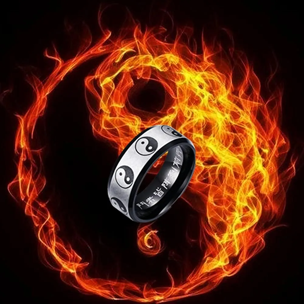 Yin Yang Tai Chi Chunky Thick Stainless Steel Band Rings for Women Men Personalized Faith Statement Iternity Lucky Rings Black Enameled Chinese Taoist Nine Syllable Mantra Ring Matted Finshed Dad Boyfriend Christmas New Year Birthday