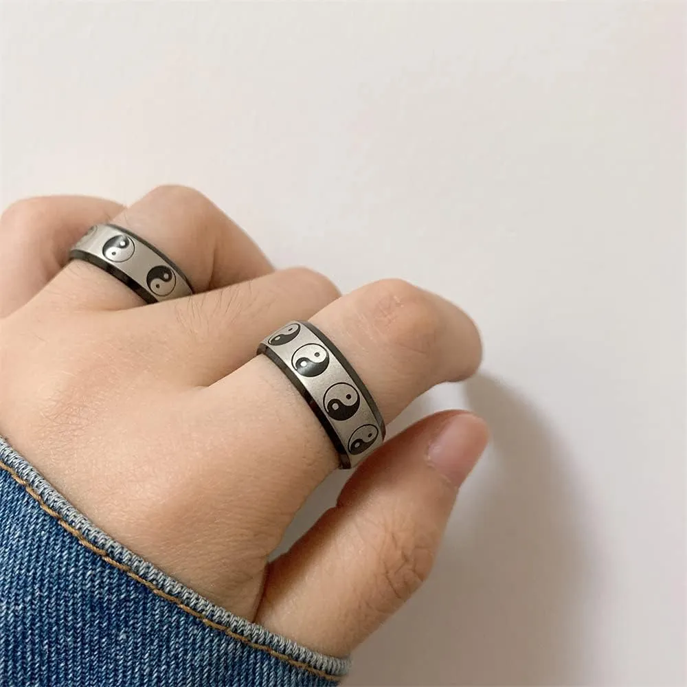 Yin Yang Tai Chi Chunky Thick Stainless Steel Band Rings for Women Men Personalized Faith Statement Iternity Lucky Rings Black Enameled Chinese Taoist Nine Syllable Mantra Ring Matted Finshed Dad Boyfriend Christmas New Year Birthday