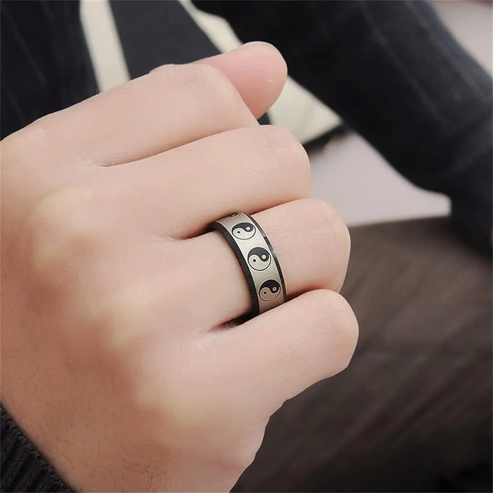 Yin Yang Tai Chi Chunky Thick Stainless Steel Band Rings for Women Men Personalized Faith Statement Iternity Lucky Rings Black Enameled Chinese Taoist Nine Syllable Mantra Ring Matted Finshed Dad Boyfriend Christmas New Year Birthday