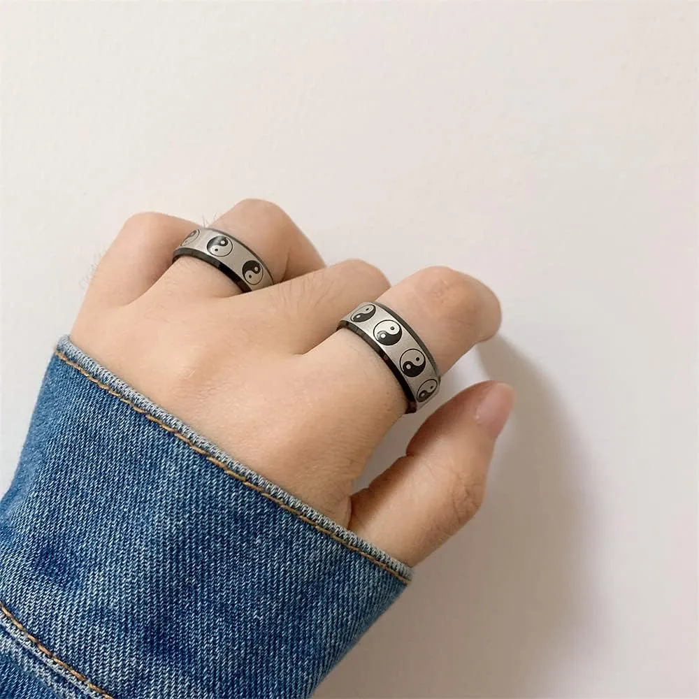 Yin Yang Tai Chi Chunky Thick Stainless Steel Band Rings for Women Men Personalized Faith Statement Iternity Lucky Rings Black Enameled Chinese Taoist Nine Syllable Mantra Ring Matted Finshed Dad Boyfriend Christmas New Year Birthday