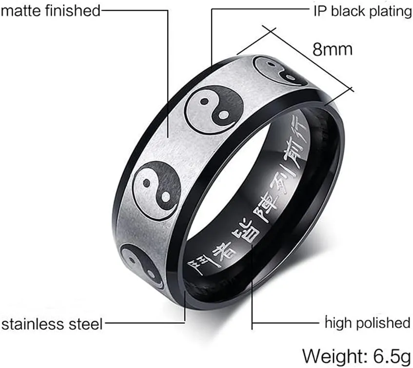 Yin Yang Tai Chi Chunky Thick Stainless Steel Band Rings for Women Men Personalized Faith Statement Iternity Lucky Rings Black Enameled Chinese Taoist Nine Syllable Mantra Ring Matted Finshed Dad Boyfriend Christmas New Year Birthday