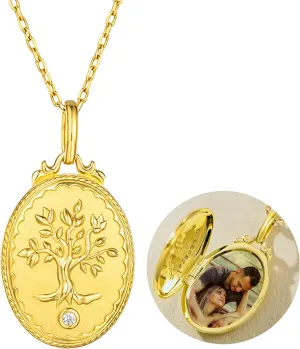 YOUFENG Gold Family Tree of Life Locket Necklace that Holds Pictures Photo Locket Pendant Gifts for Women
