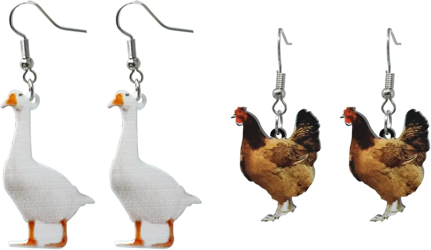 yueton 2 Pairs of Cute Creative Acrylic Hen Chicken Earrings Goose Earrings Novelty Funny Farm Animal Pendant Dangle Drop Earrings Easter Earrings Thanksgiving Fall Earrings Halloween Earrings- 2 Styles