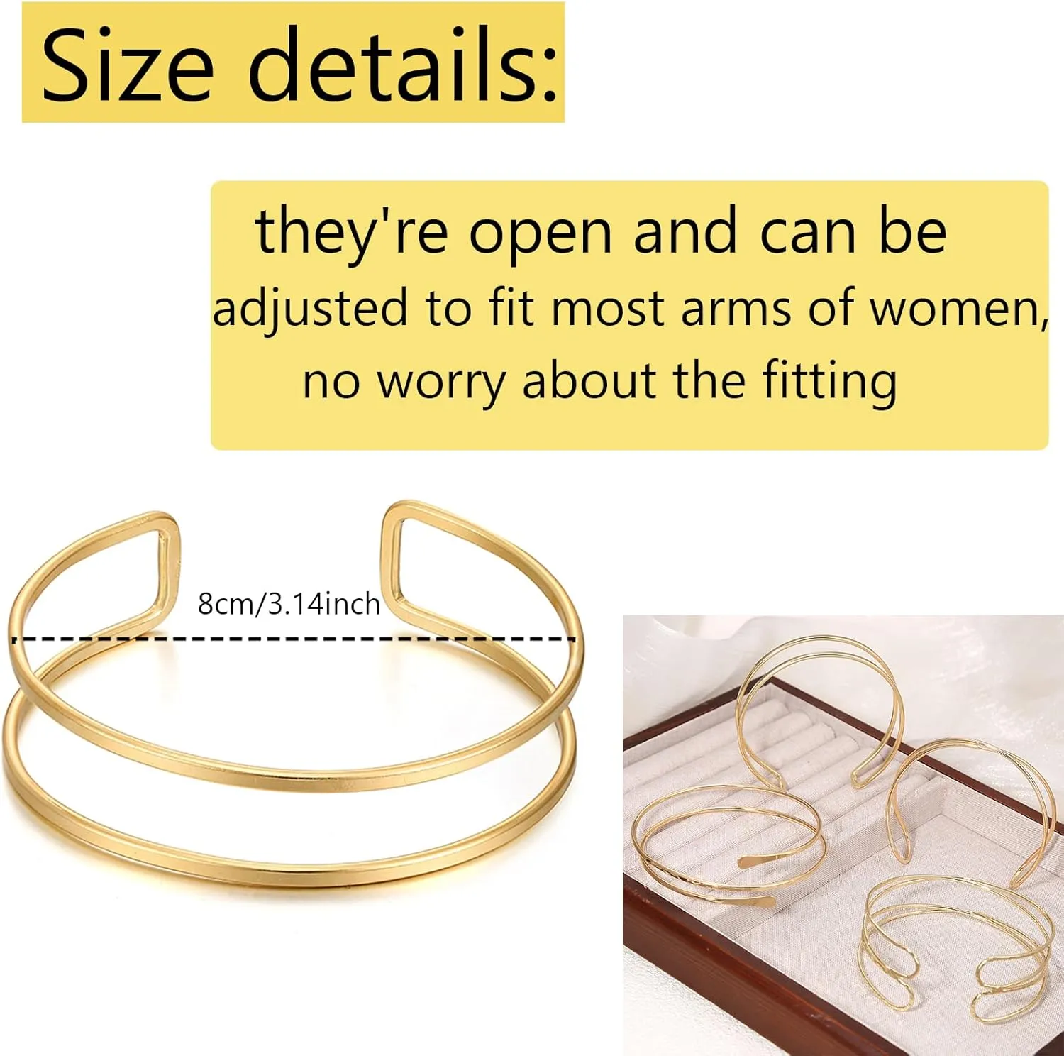 YVVLEE 4 Pieces Gold Arm Cuff Bracelets Set Jewelry Upper Coil Bangle Bracelets Adjustable Armband Set for Women