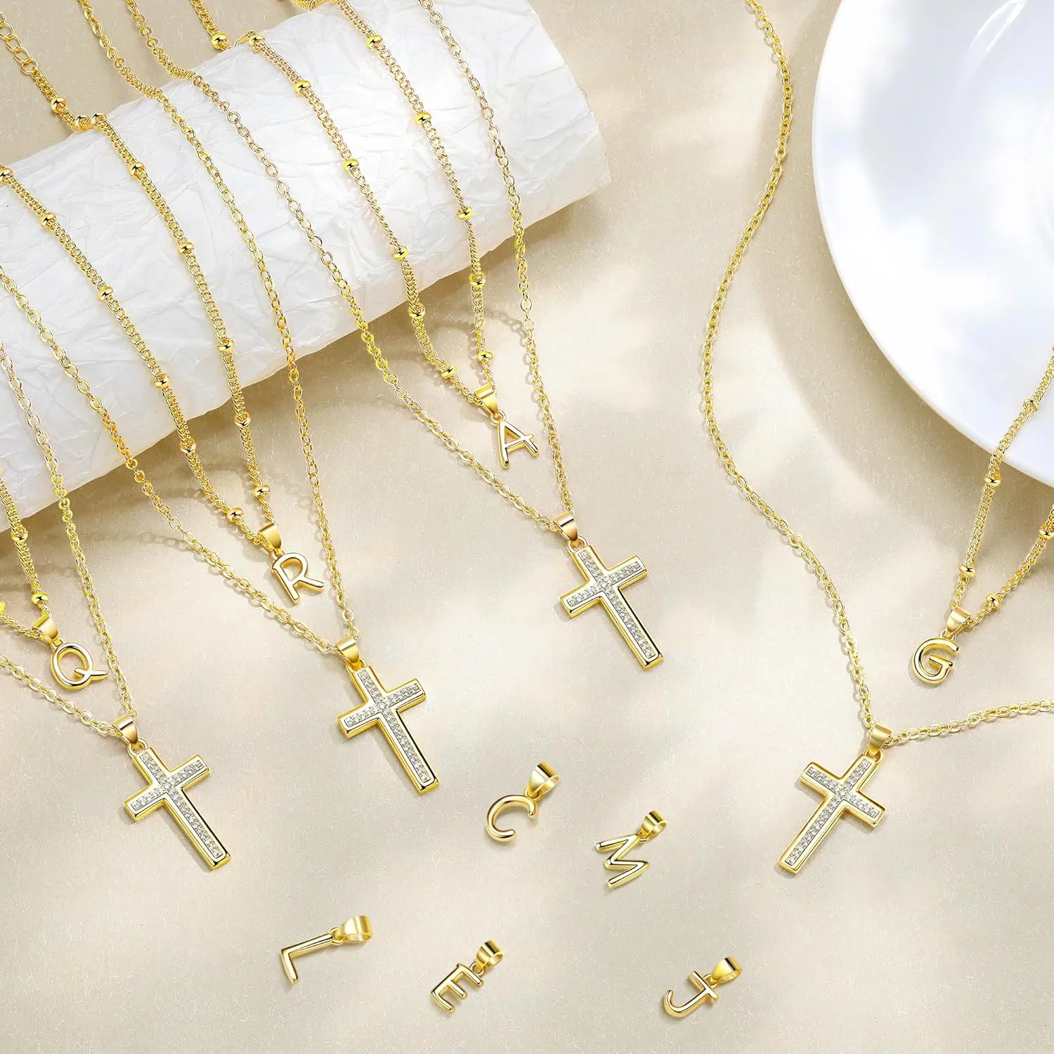 ZENI Dainty Cross Necklaces for Women, 14K Gold Plated Layered Chain Initial Pendant Choker Necklace, Cubic Zirconia Cross Christian Faith Jewelry Communion Baptism Gifts for Girls