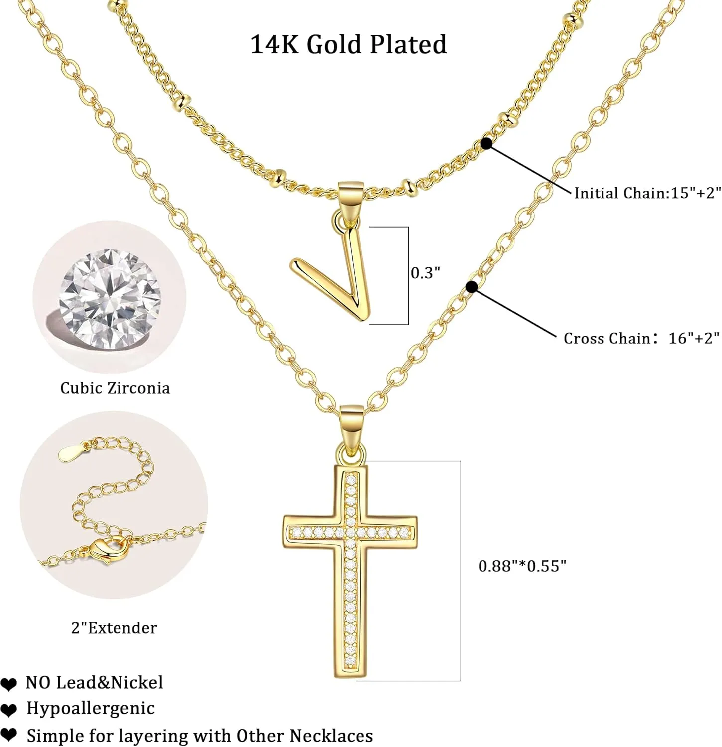 ZENI Dainty Cross Necklaces for Women, 14K Gold Plated Layered Chain Initial Pendant Choker Necklace, Cubic Zirconia Cross Christian Faith Jewelry Communion Baptism Gifts for Girls